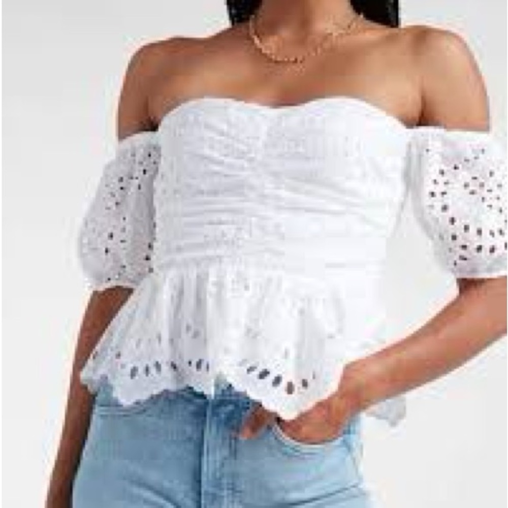 Express White Eyelet Peplum Puff-Sleeve Blouse